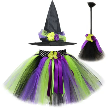 Nõid Tutu Seelik Tüdrukutele Halloween Cosplay Kostüümid Tüdruk Printsess Tülli Seelikud, Nõid Müts Magic Broom Laps hästi tihe võrgu sarnane kangas jids