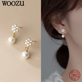 WOOZU 925 Sterling Hõbe korea Stiilne Flower Pearl-Valge Tsirkoon Kõrvarõngad Naistele Pulm Noorte Võlu Ehted Tarvikud