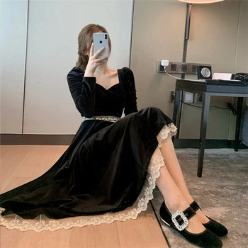Sügis-Talvine Naiste Must Kleit prantsuse Vintage Pits Liimida Velvet Kleit Naistele Ametlik Elegantne Mood Midi Õhtul Kleit