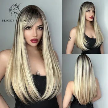 Blond Ükssarvik Sünteetiline Pikk Sirge Parukas Must Juur Ombre Blond, Pruun Päevas Juuksed Parukad Naiste kuumakindel Fiber