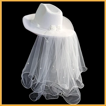 Naiste Pruut Cowgirl Käsitsi valmistatud Müts Laia Ääreni Pruudi Lääne Stiilis Shinning Valge Kauboi Mütsi jaoks Pulmapidu Photoshoot Tarvikud