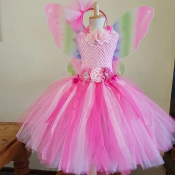 Roosa Tüdrukute Butterfly Fairy Flower Tutu Kleit Lapsed Heegelda Tülli Kleit Pikk Pall Kleit koos Hairbow Lapsed Osaline Kostüüm Kleidid