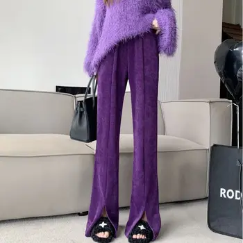 2022 Talvel Lilla Velvetist Stiilne Ees Lõhik Põletatud Püksid Täispikk Kõrge Vöökoht Elegantne Naiste Püksid Korea Streetwear Tüdrukud