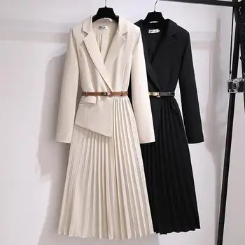 Elegantne Naiste Kleit Temperament Täkiline Krae Revääri Toimse (Ühes Tükis Plisseeritud Kleidid Ülikond Pikad Varrukad Prantsuse Stiilis Vöö Lisatud