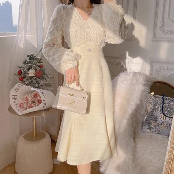Elegantne Pikk Valge Kleit Naiste prantsuse Vintage V-kaelusel Pits Slim Y2K Kleit Kevadel korea Üks Töö Vabaaja Õhtu Poole Kleit 2022