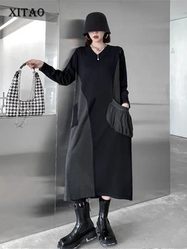 XITAO Vintage Kleit Mood Segast Tabanud Värvi, Plisseeritud Silmkoelised 2022 Sügisel Vähemuse Pullover Lahti Elegantne Kleit WLD13285