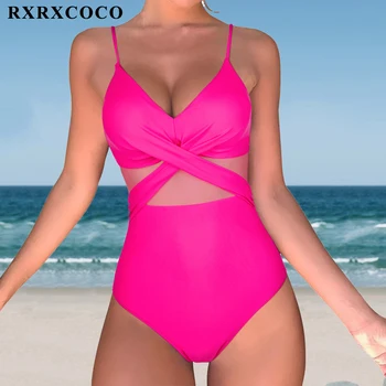 RXRXCOCO Roosa Tahke Ühes Tükis Ujumistrikoo Naiste Sexy Beachwear Kõrge Vöökoht Vt-läbi Naiste Ujumisriided, Backless Push Up Ujumistrikood